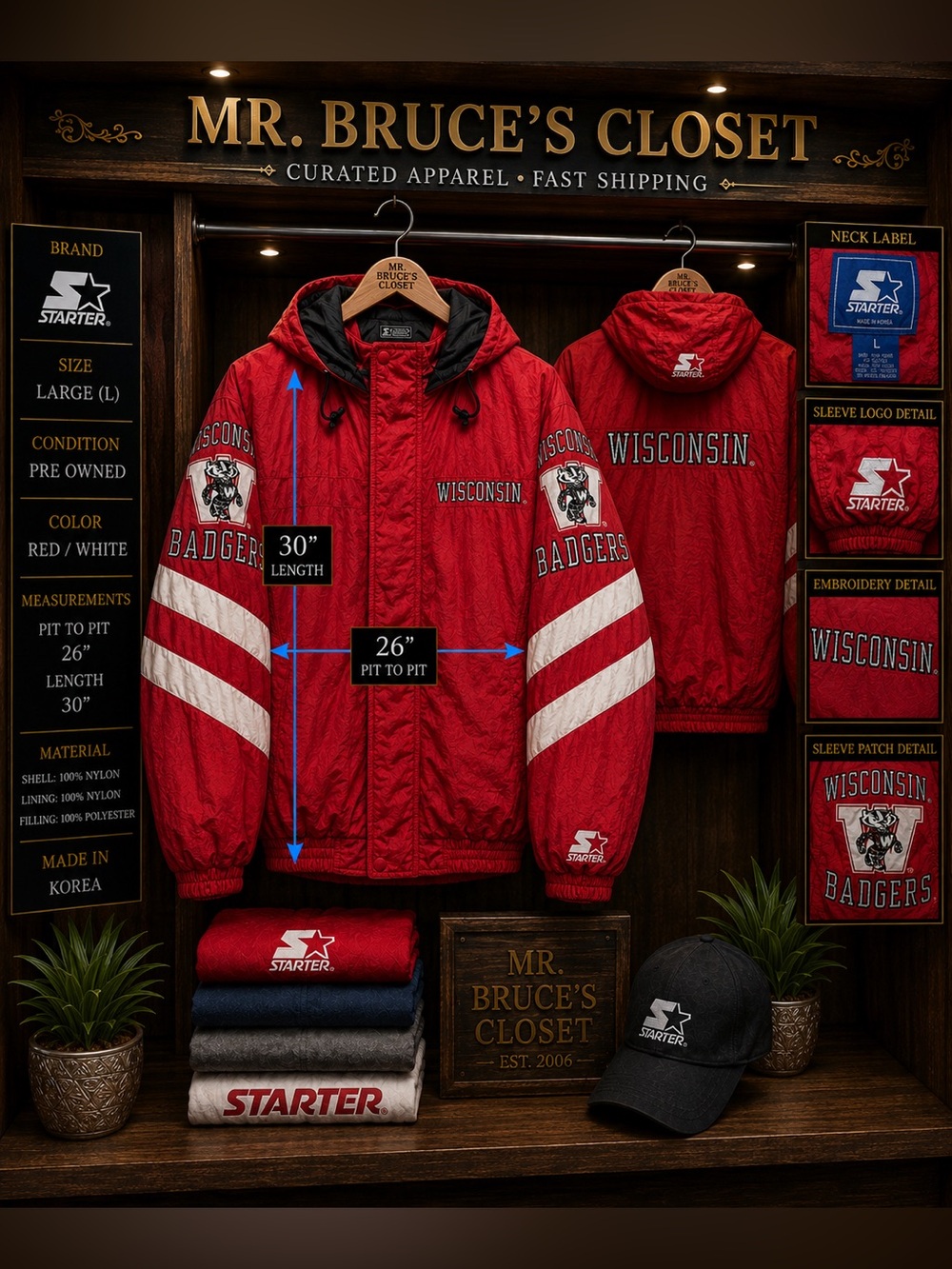 STARTER Red and White Wisconsin Badgers Hooded Puffer Jacket